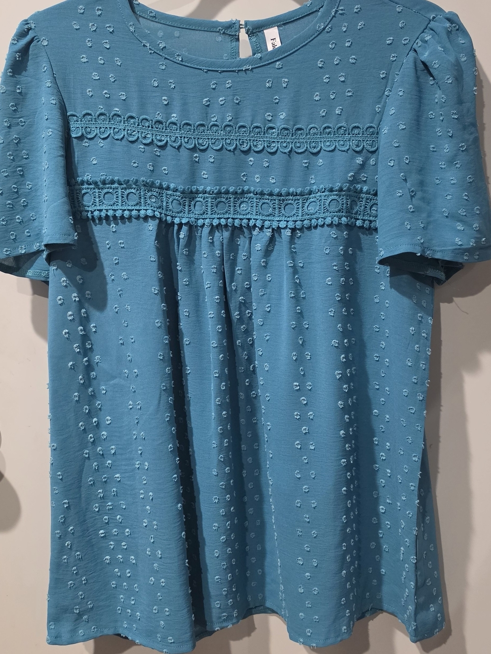 Women's Teal Dot-Textured Lace-Trim Casual Blouse Size M